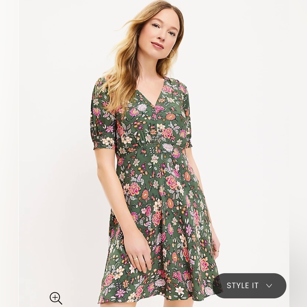 Loft Country Garden Puff Sleeve V-Neck Dress